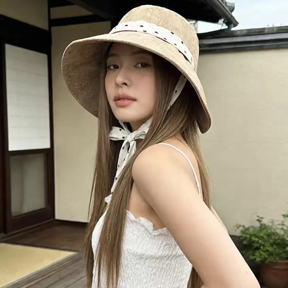 Cappello da Pescatore Casual da Donna con Nastro a Pois, Cappello Parasole in Pizzo Tinta Unita, Traspirante a Tesa Larga, Visiera Protettiva Solare per Viaggi