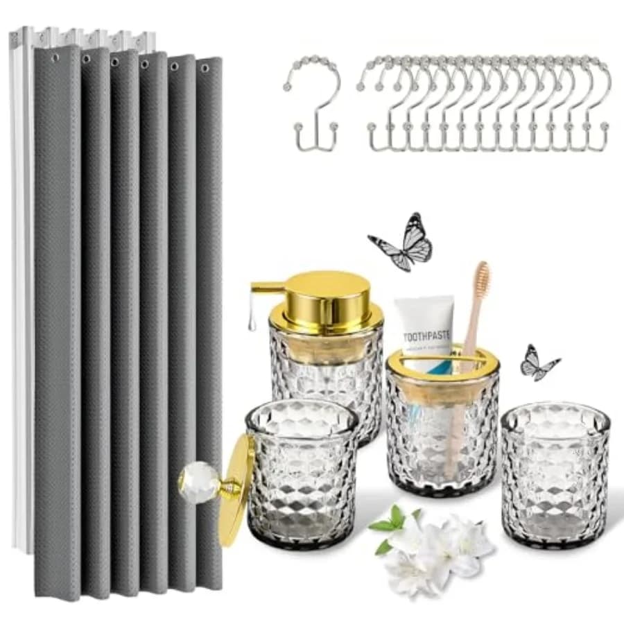 Set di Accessori per il Bagno 5 Pezzi in Vetro, Completo di Tenda Doccia, Dispenser Sapone, Porta Spazzolino, Porta Bicchiere