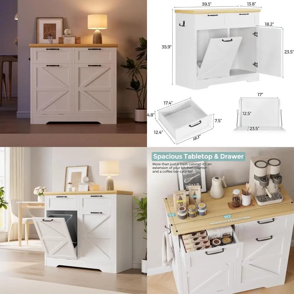 Dual-Purpose 20 Gallon Recyclable Trash Bin Cabinet with Laundry Sorting, White