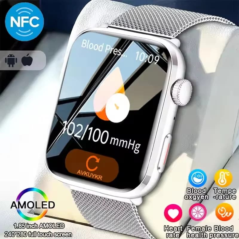 2025 NUOVO AI Diagnosi NFC Astuto Della Vigilanza Delle Donne 1.85 pollici AMOLED Pressione Sanguigna Frequenza Cardiaca Temperatura HD Chiamata Astuto Della Vigilanza Per IOS