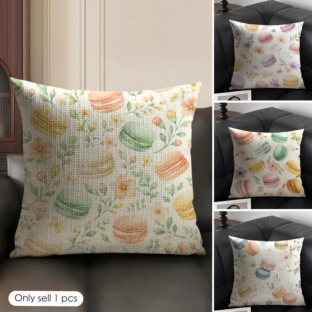 Macarons and Floral Cushion Cover Linen Organic Fabric Double-Sided Printing Sofa Breathable Home Decor Gift Pillow Case