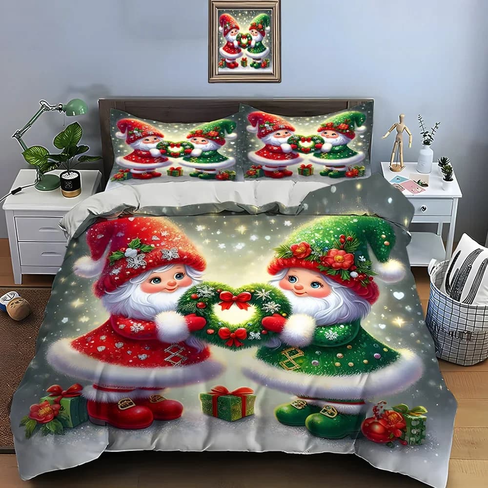 Set biancheria da letto con stampa gnomo natalizio Copripiumino 1 Copripiumino 2 federe Set biancheria da letto per adulti e bambini Regali di festa di lusso