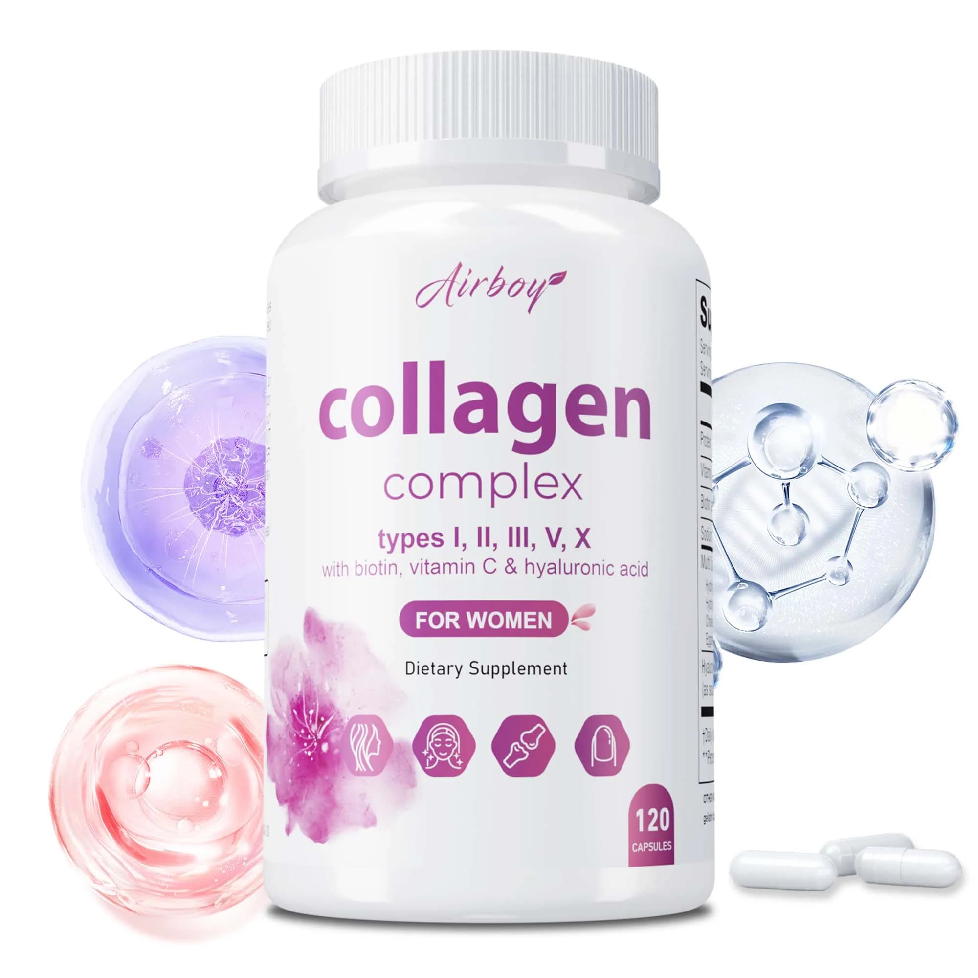 Collagen Complex: contains biotin, anti-aging, promotes collagen production, reduces thin lines, supports hair health and joints