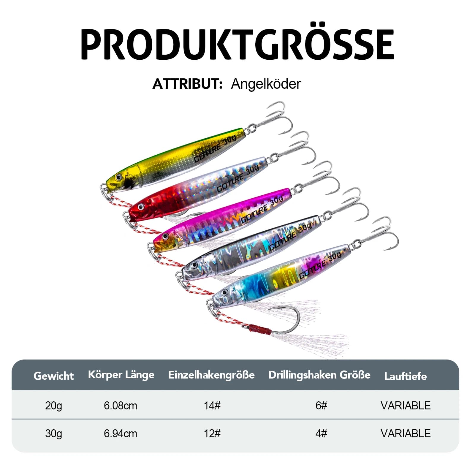 Artificial Gotures Metal 20g/30g with Laser Coating, Sharp Triple Ames, with Storage Box for Tuna, Salmon, Spigola