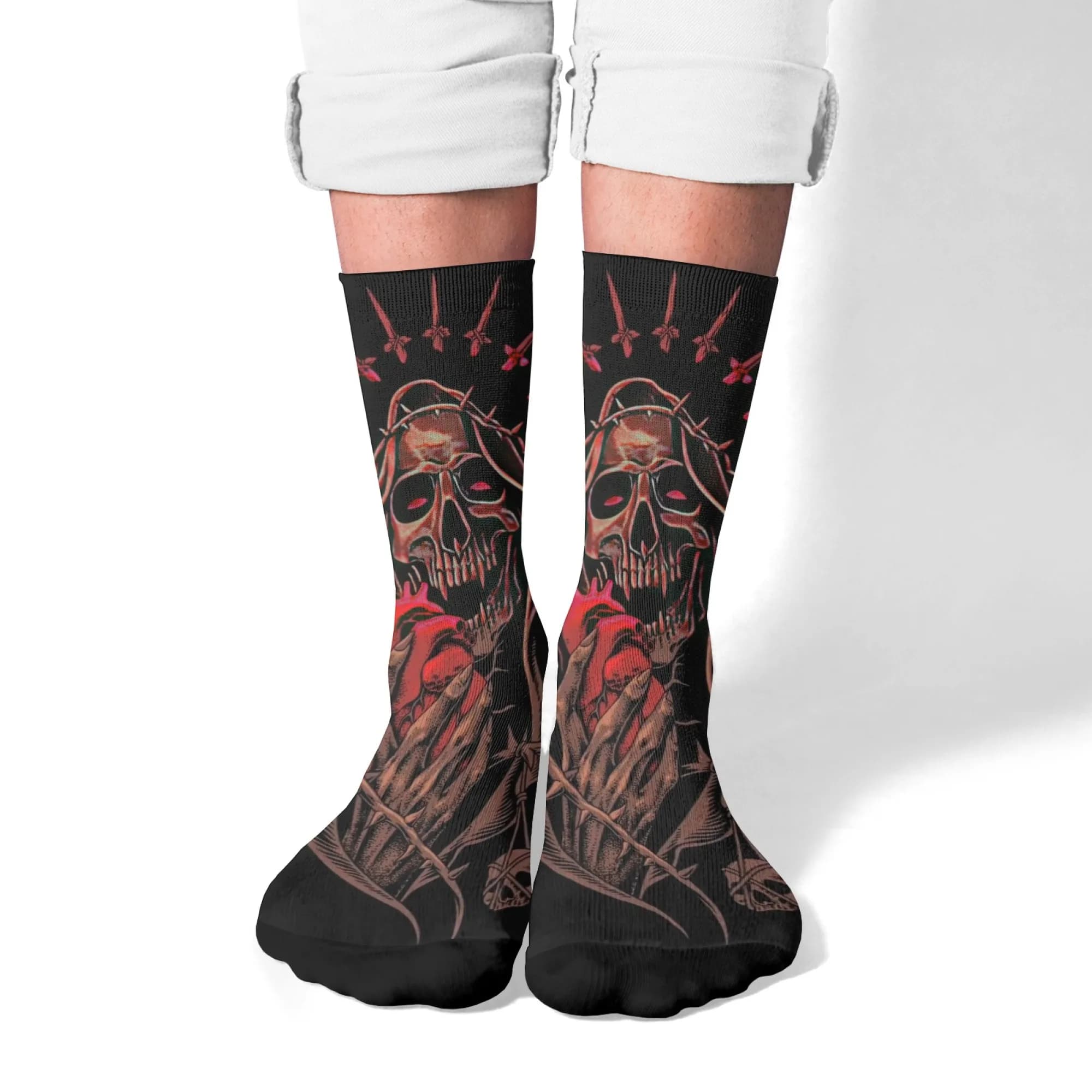 Calzini da uomo con stampa teschio che morde il cuore in stile dark punk, creativi, originali, comodi, traspiranti, casual, sportivi, unisex.