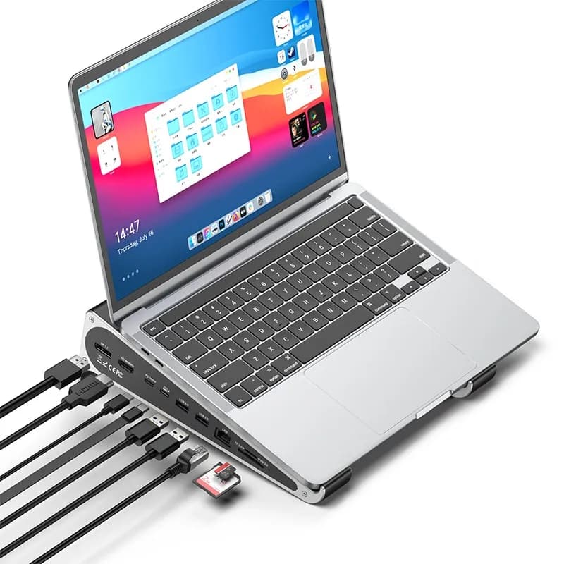 Hub Adattatore per Laptop EE1 8-in-1 in Alluminio con Supporto per Laptop, Scheda di Rete USB-C, MST, HDTV, DP 4K 60Hz e Docking Station