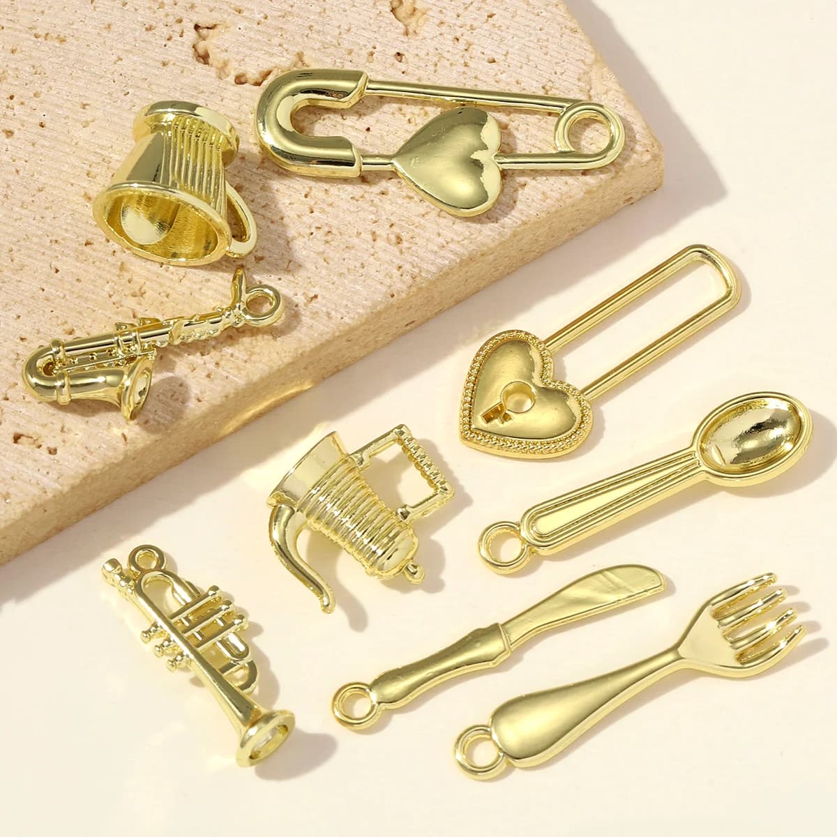 10pcs/lot Gold Plated Coffee Cup Pins DIY Earring Charm Women High Polished Spoon Saxophone Heart Necklace Pendant Jewelry