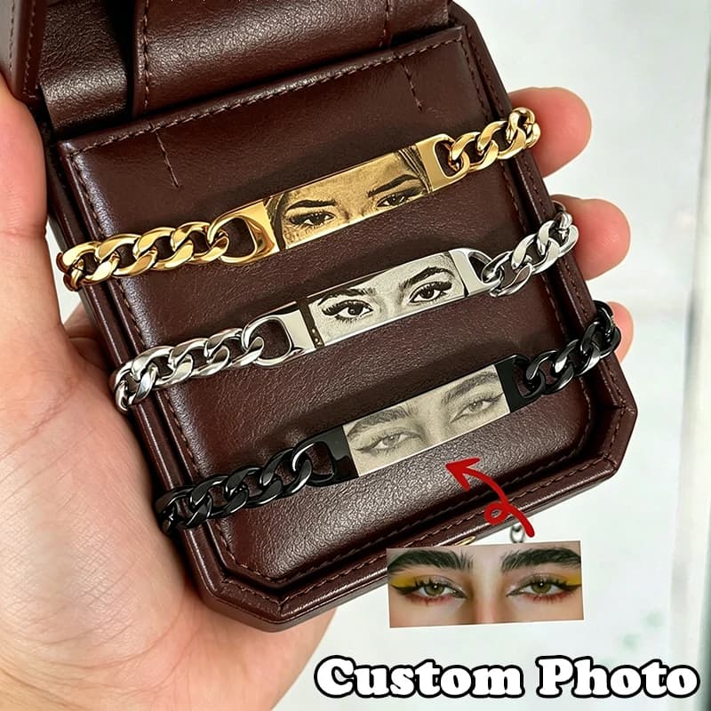 Custom engraved photo torque bracelet Custom image with laser engraved eye on stainless steel chain jewelry