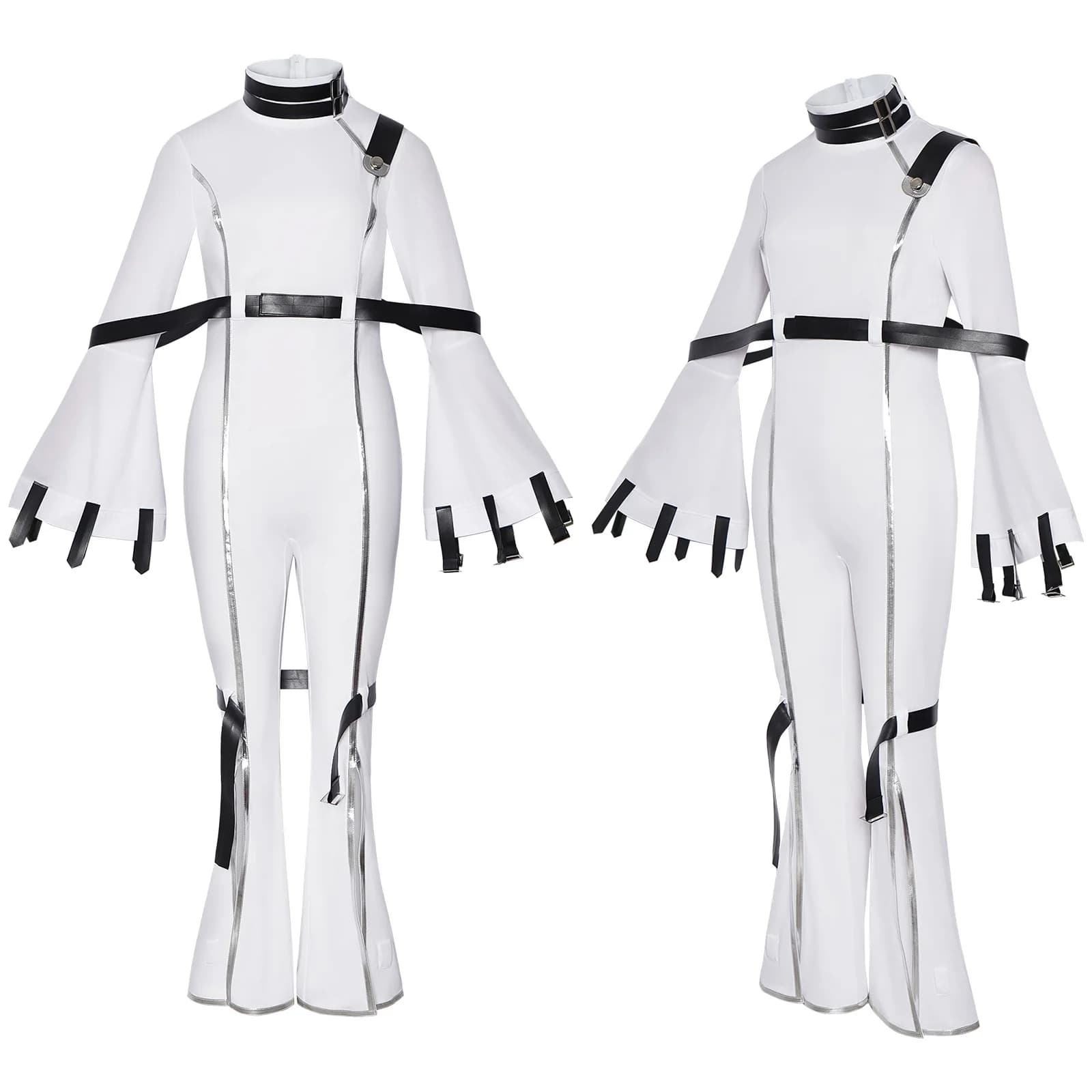 Miccostumes Anime Women White Strap Jumpsuit Cosplay Costume Halloween Flare Sleeve Bodysuit with Choker Belts