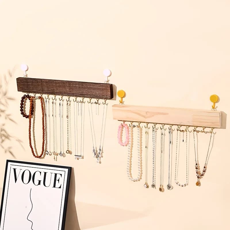 Solid Wood Wall Mount Jewelry Rack, Multi-Hook Necklace Display Stand, Entryway Key Hook