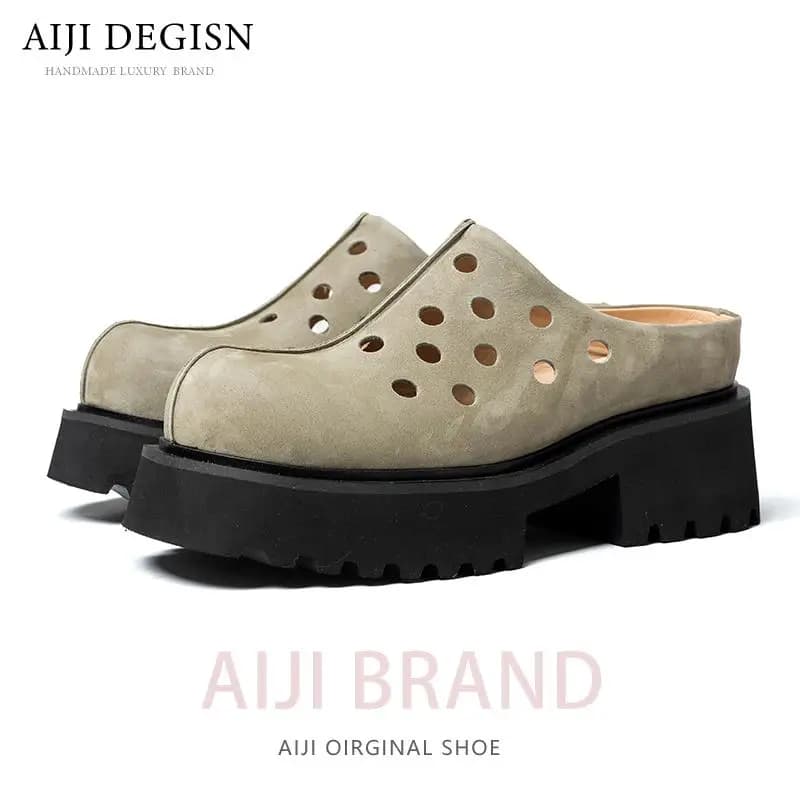 Fashion Outdoor Casual Slip on Male Shoes Youth Platform Summer Genuine Leather Men's Half Slippers Height Increasing