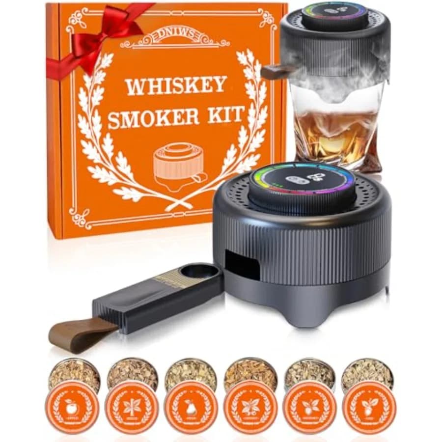 Kit Affumicatore Elettrico per Whisky con Livelli di Fumo Regolabili e Anello LED Timer, Kit Affumicatore Ricaricabile per Cocktail con 6 Trucioli di Legno
