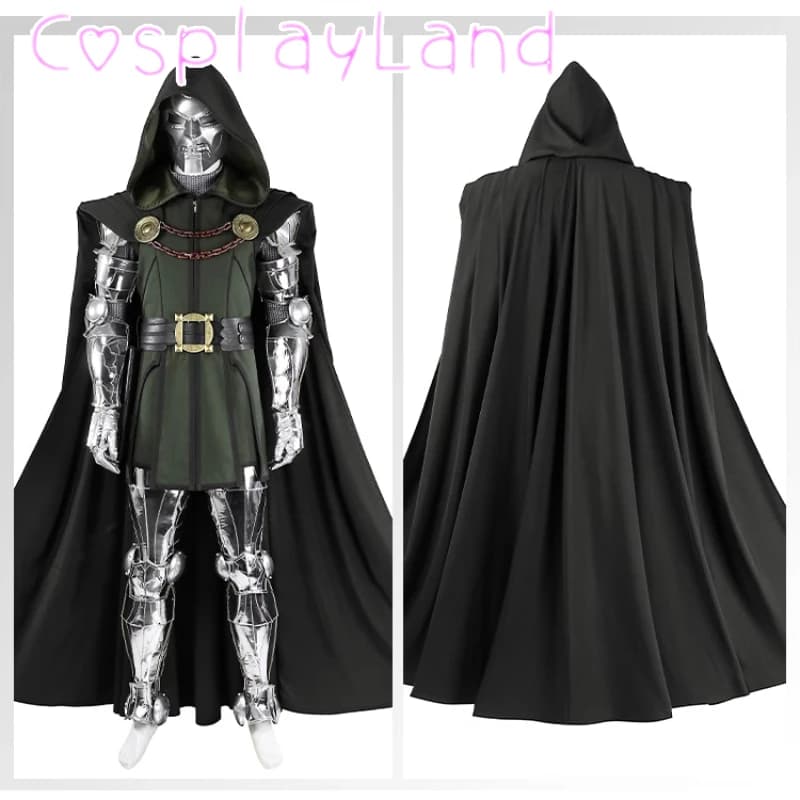 Costume cosplay Doom nero Abito da uomo adulto Gilet Mantello Pantaloni Casco Outfit Set completo Costumi di Halloween di Natale Su misura