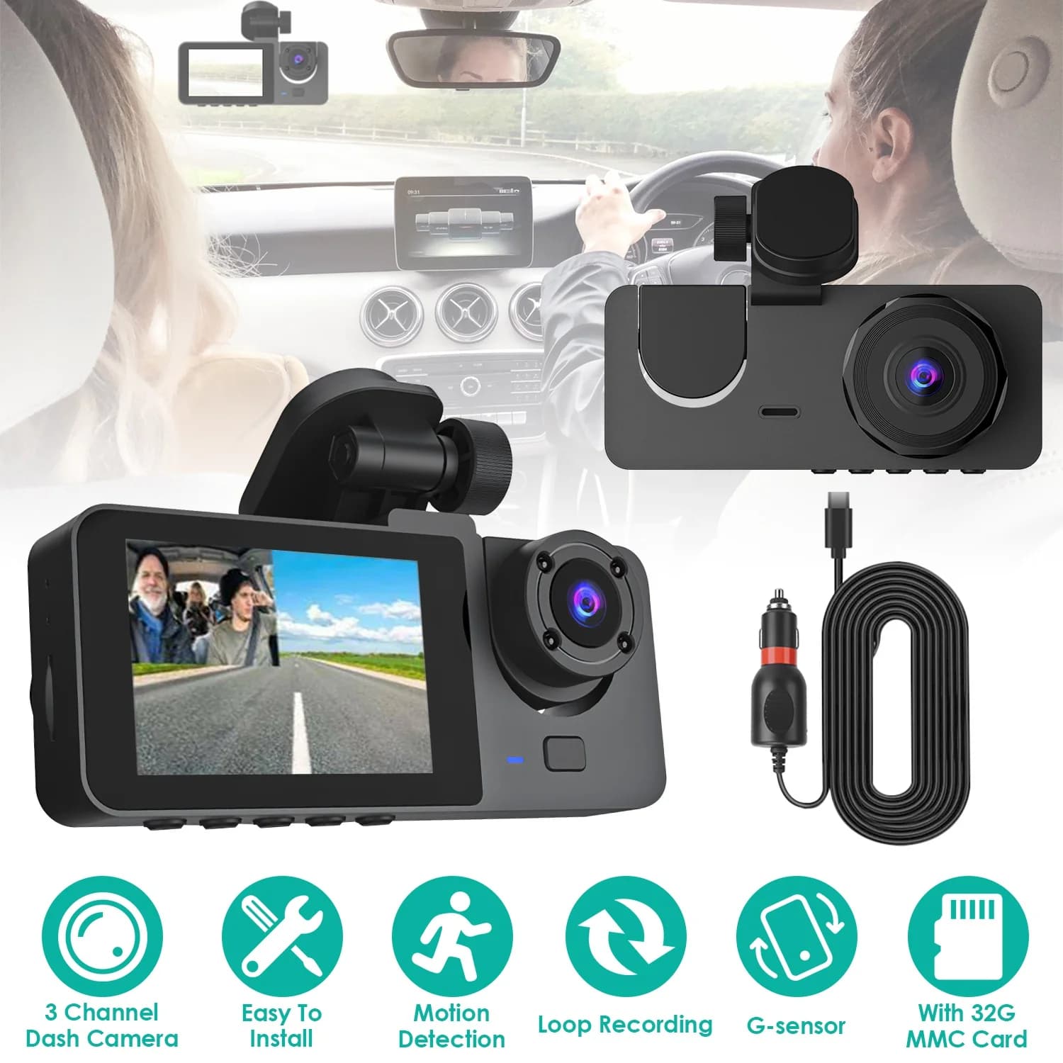 Dash Cam to 3 Channels with Front, Interior and Rear Guide Recorder, DVR for Auto with 32G MMC Card, G Sensor, Motion Detection and Parking Function
