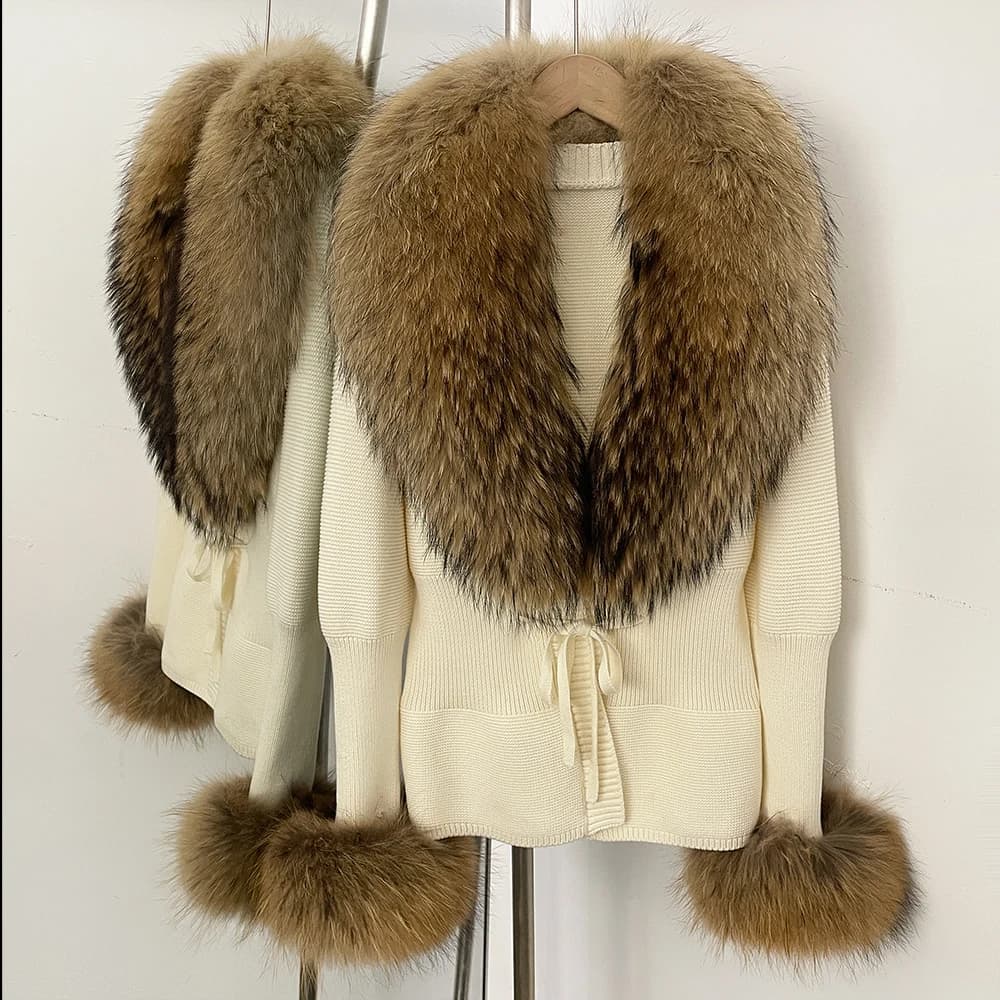 Women's Knit Coat with Pelliccia, Pizzo Sweater, Women's Parka with Natural Fur, Cardigan Patchwork with Stackable Woven Fur, Women's Knit Coat