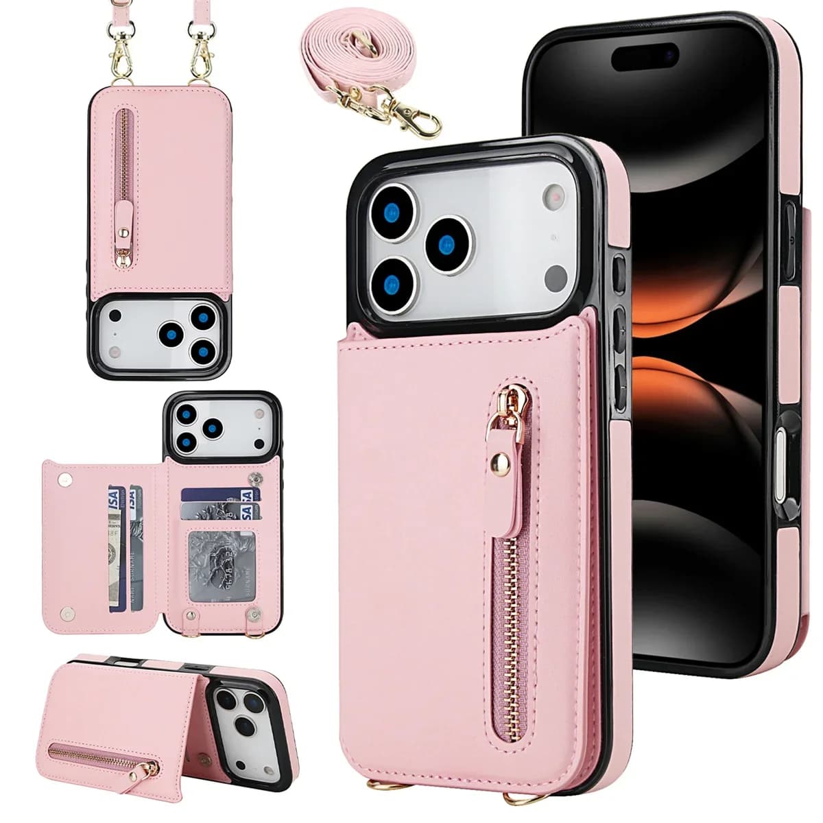 Custodia per telefono con cerniera RFID con cerniera a tracolla per IPhone 17 Pro Max 17 Air 16E 16 15 14 Plus 13 12 11 XR XS Cover in pelle