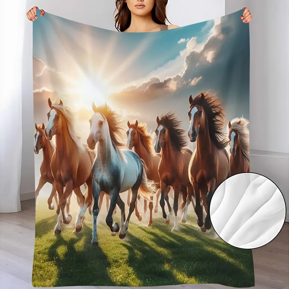 Soft Flannel Blanket Majestic Wild Horse Herd Galloping Across Green Meadow Under Beautiful Sunrise Cloudy Sky Nature Scenery