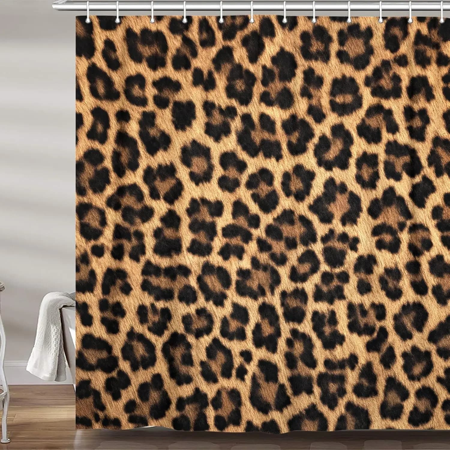 Tenda da Doccia Vintage di Lusso con Stampa Leopardata Marrone, Motivo Animali Selvatici, Tessuto Impermeabile con Ganci per la Casa
