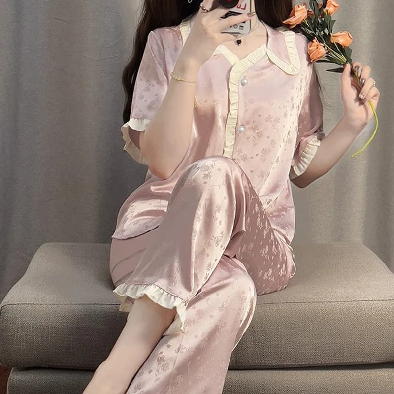 French Aesthetics Flower Print Women's Pajamas Thin Summer New Short Simple Pajamas for Women Korean Sweet Lapel Neck Sleepwear