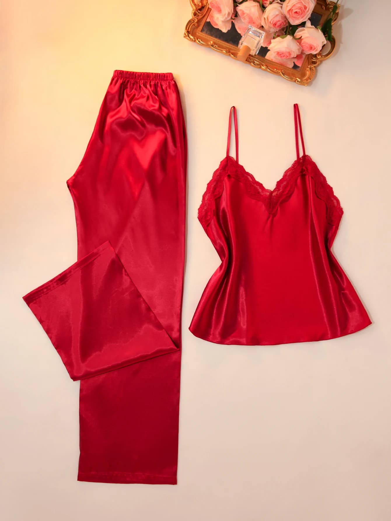 Women 2 Piece Pajamas Set Solid Color Lace Patchwork Strapless Top with Pants Soft Comfortable Casual Home Sleepwear