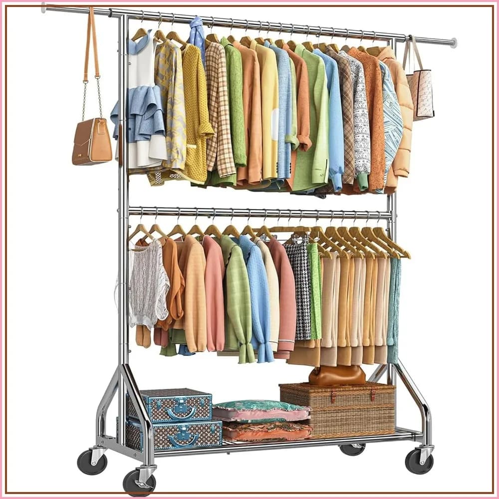 Heavy Duty Double Rod Clothes Rack, Rolling Garment Rack with Lockable Wheels, Chrome, 74.25"H