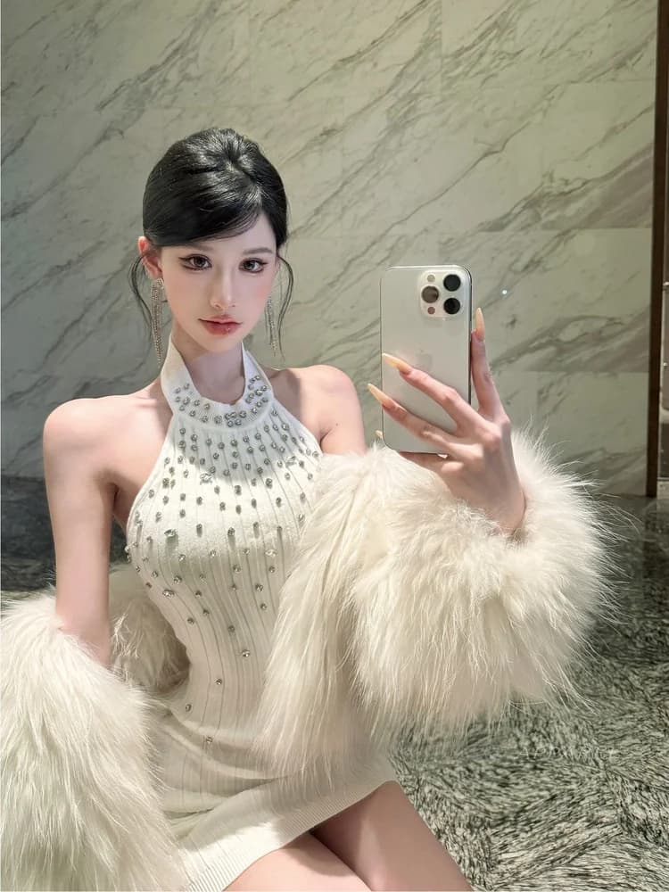 Gonna Corta da Donna Elegante e alla Moda con Diamanti Incastonati, Vita Alta, in Tessuto Lavorato a Maglia, Resistente