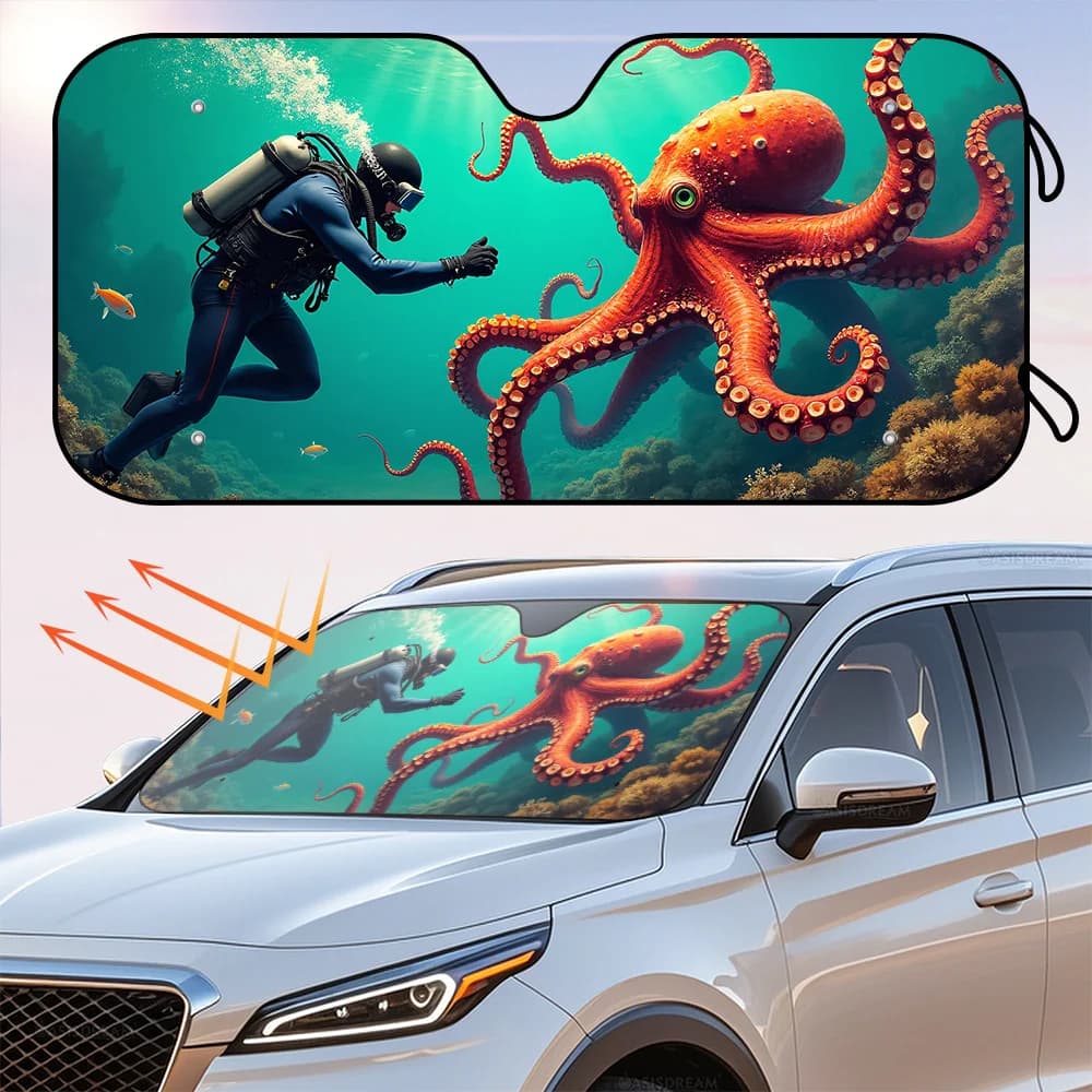 OASISDREAM Octopus & Diver RV Parabrezza Parasole - 57" X 27,5" Copertura per Finestra Frontale Pieghevole, Protezione UV, Riflessione del Calore, Kee