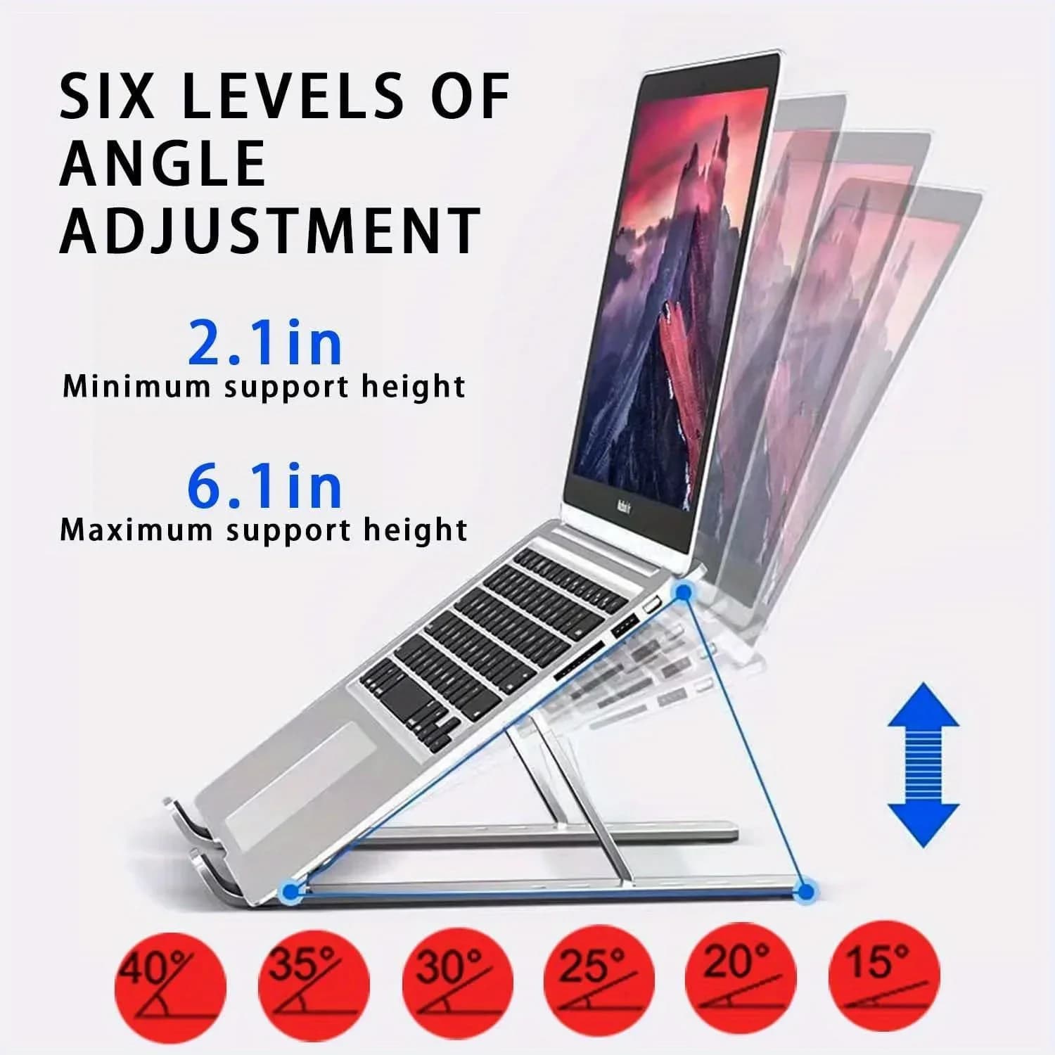 Supporto per laptop regolabile in alluminio - Altezza a 6 livelli, design pieghevole e portatile per laptop da 8-16 pollici, ventilazione e dissipazione del calore migliorate