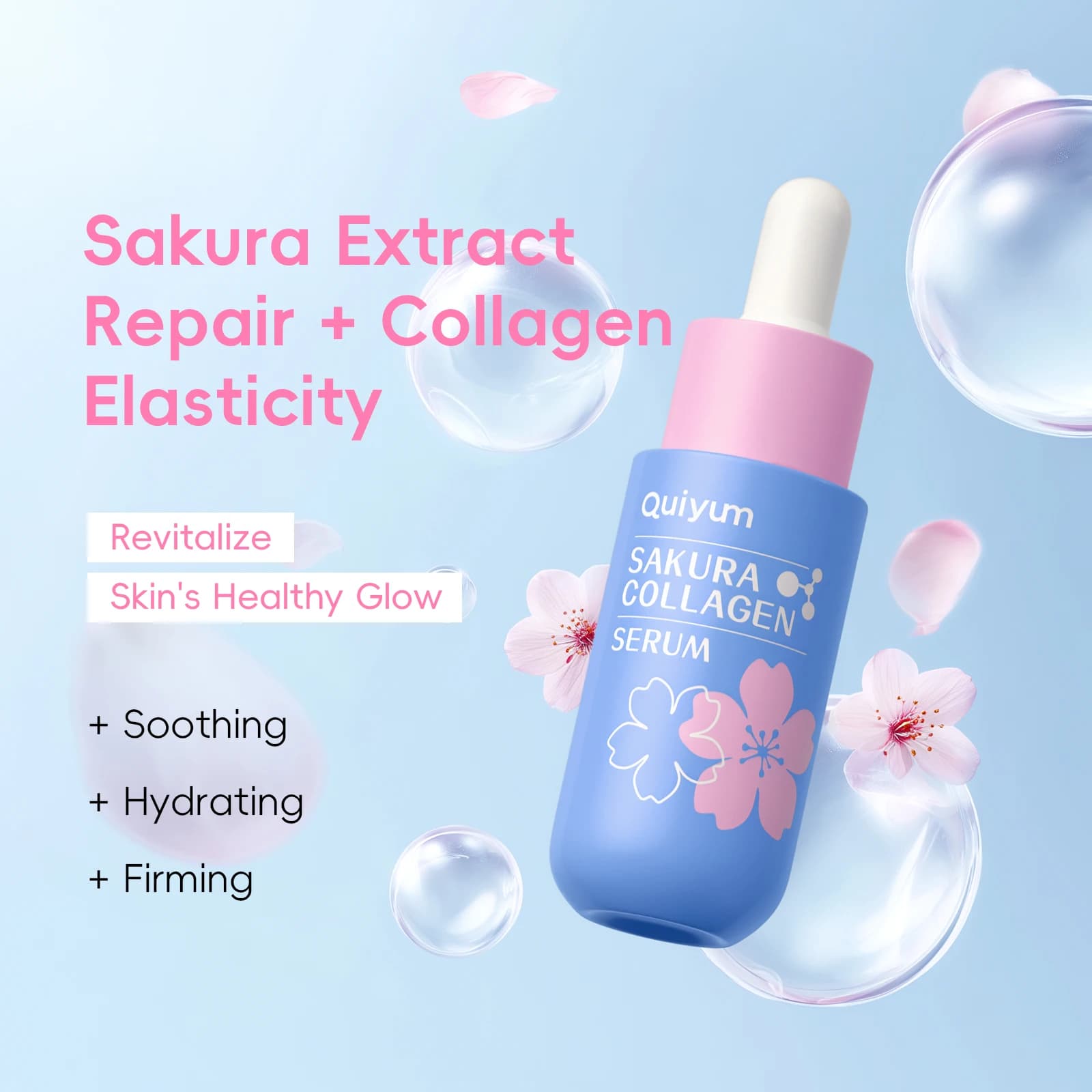 Siero al Collagene Quiyum Sakura 30ml con Estratto di Prunus Lannesiana, Acetil Esapeptide-8, Vitamina C e Acido Ialuronico Illuminante