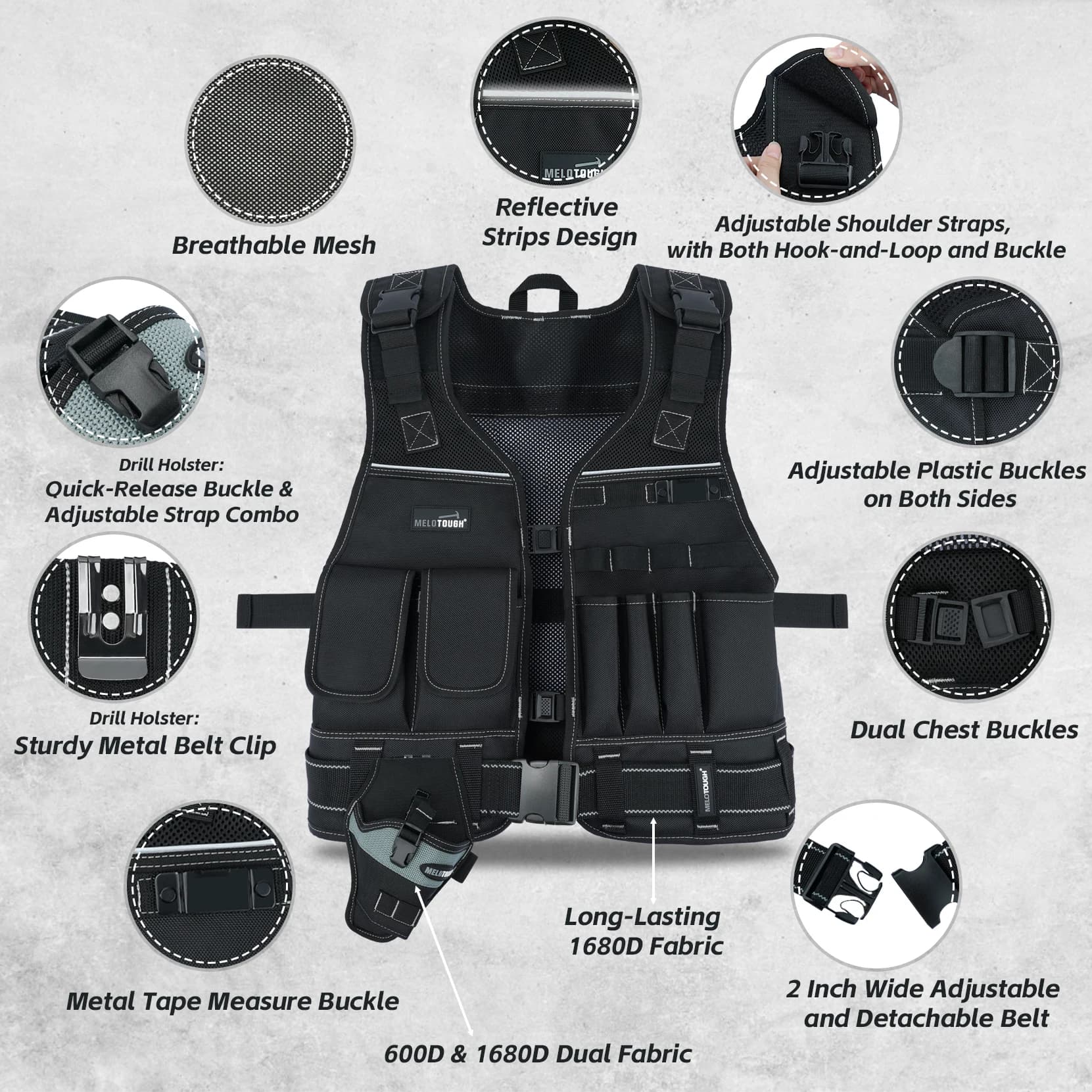 Gilet Portautensili da Elettricista con Porta Trapano, Gilet Multitasche Regolabile con Cintura Staccabile Larga 2 Pollici
