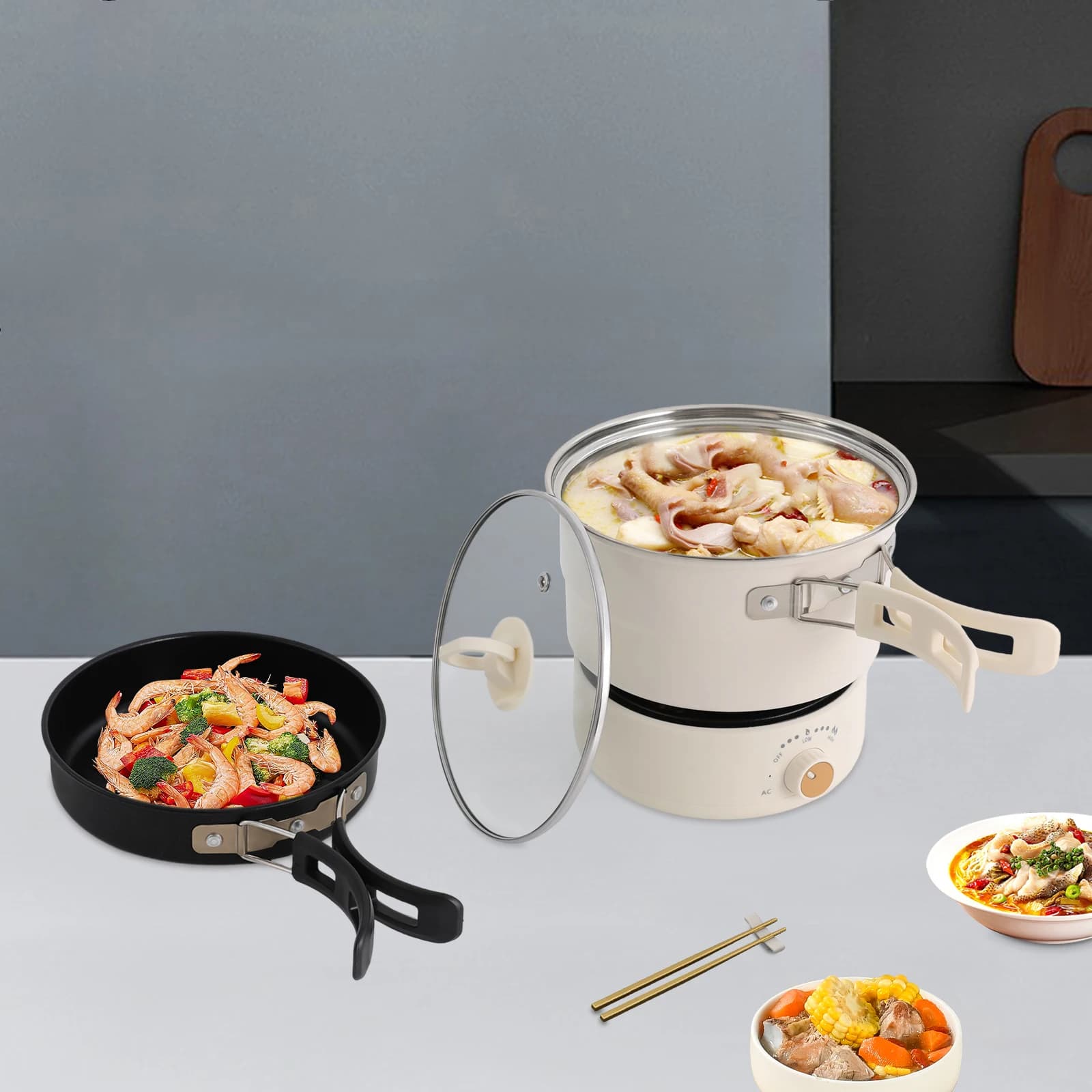 NEW 500W Portable Electric Pot with Glass Cover, Anti-Fabric Plate, Mini Multifunction Cooker for Noodle and Ramen