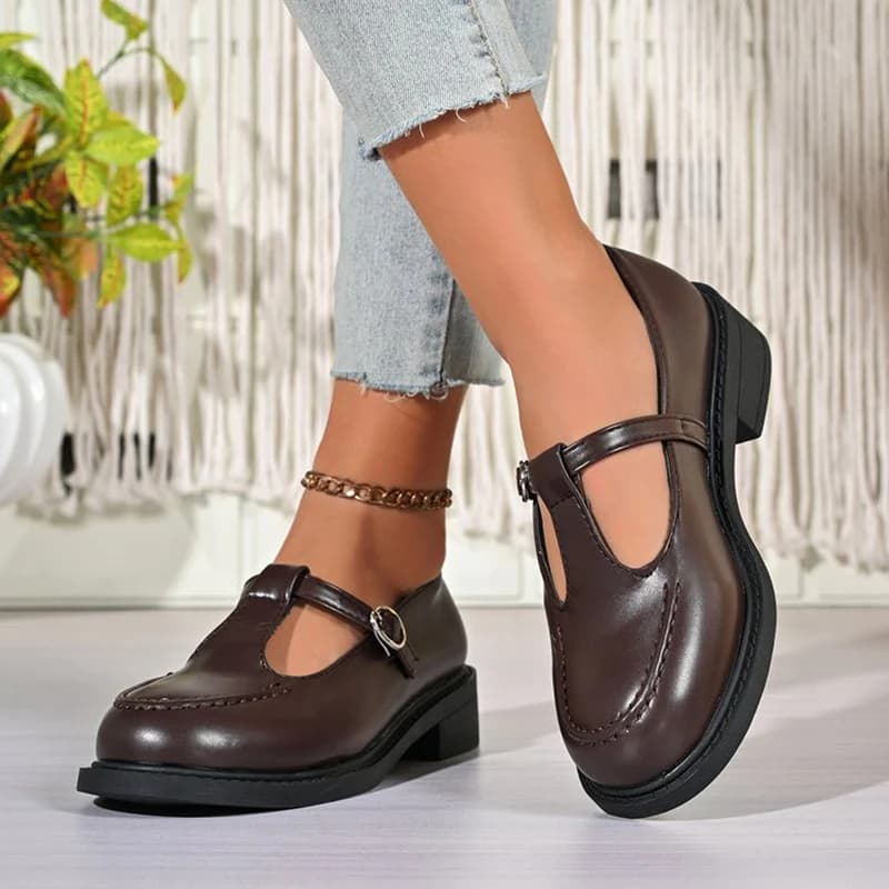 Mocassini con tacco quadrato in stile giapponese da donna, con fibbia regolabile, scarpe Mary Jane a punta tonda per la primavera
