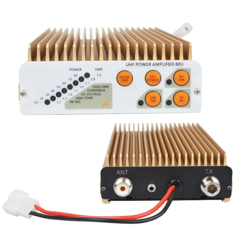 UHF Walkie Talkie Power Amplifier, Power Set Level 10-80W, 1.2-1.9 V. WR Display, FM, AM, SSB Modulation Mode, 13.8V, 15A Input