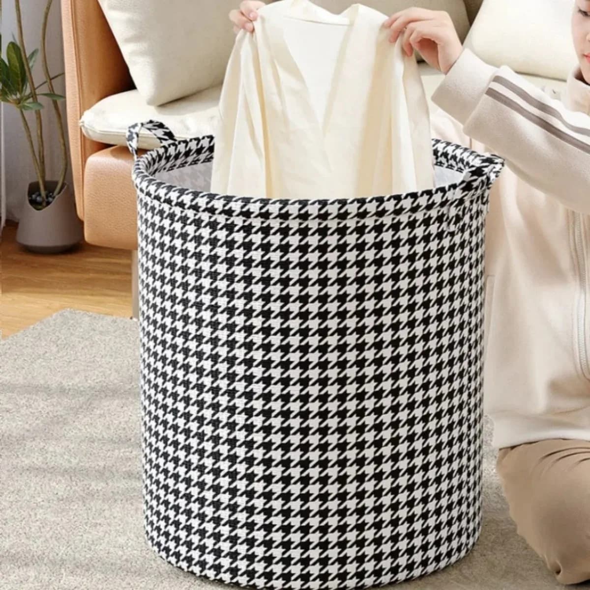 Houndstooth Laundry Basket, Foldable Waterproof Clothes Basket with Handle, Bathroom Dirty Laundry Basket, Toy Storage Basket
