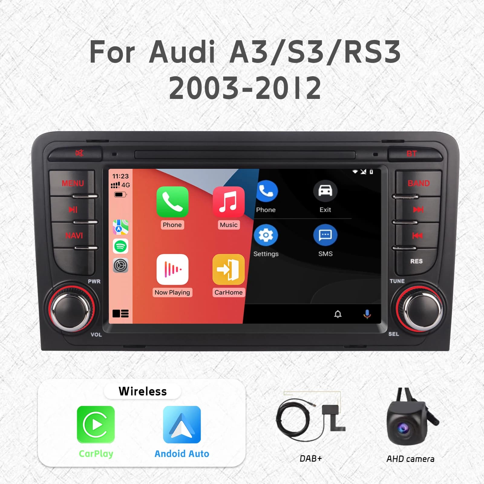Autoradio touch screen IPS con carplay wireless Android Auto RDS per Audi A3 S3 RS3 2003-2012 con telecamera posteriore DAB + AHD