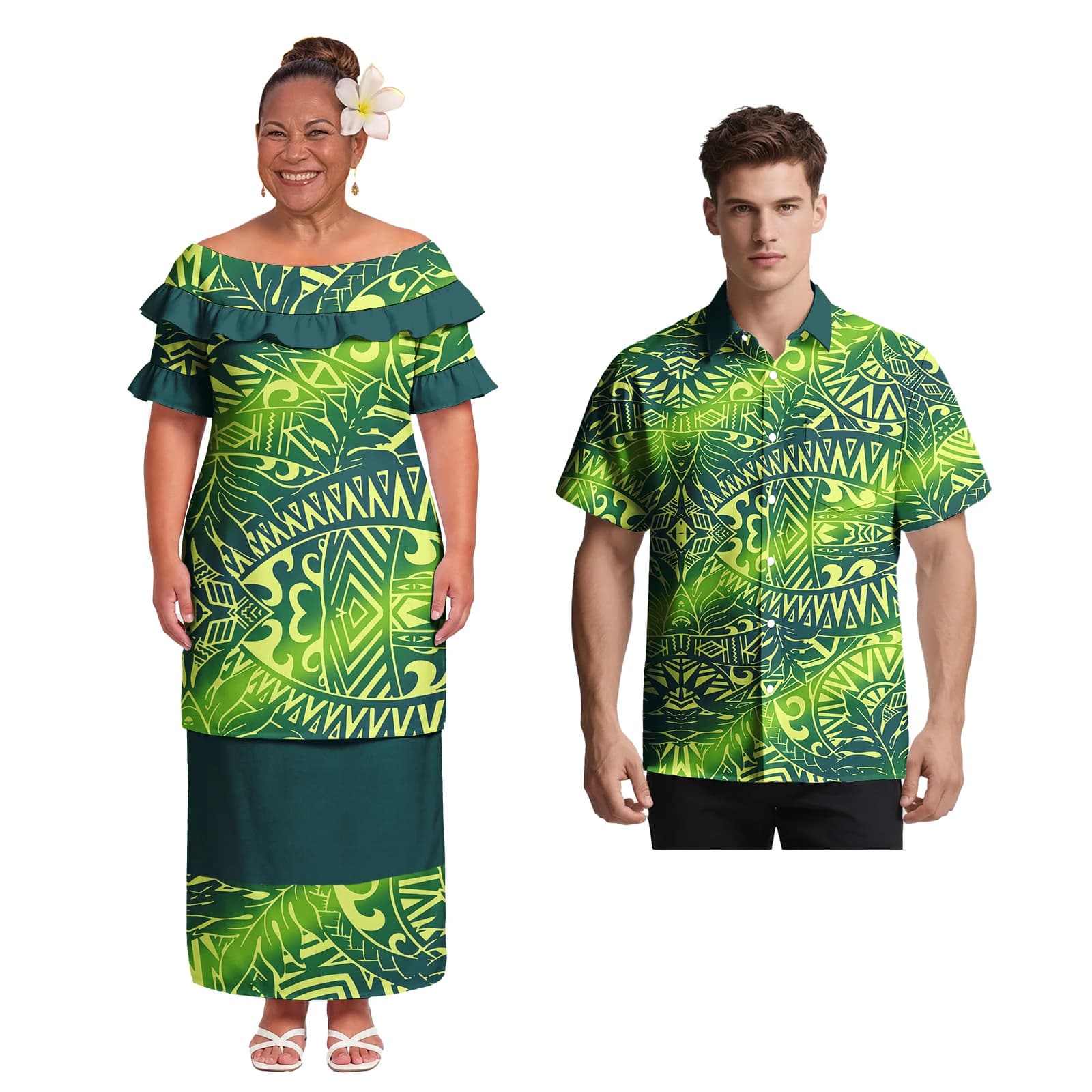 Hot Sale Holiday Polynesian Ladies Tribal Oversize Puletasi Hawaiian Island Women Dress Petal Sleeve Samoan Puletasi 2 Piece Set