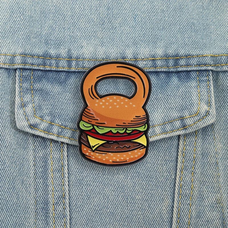 Spille smaltate a forma di hamburger e kettlebell, divertenti, per amanti del fitness e del cibo, gioielli umoristici, accessori regalo per amici