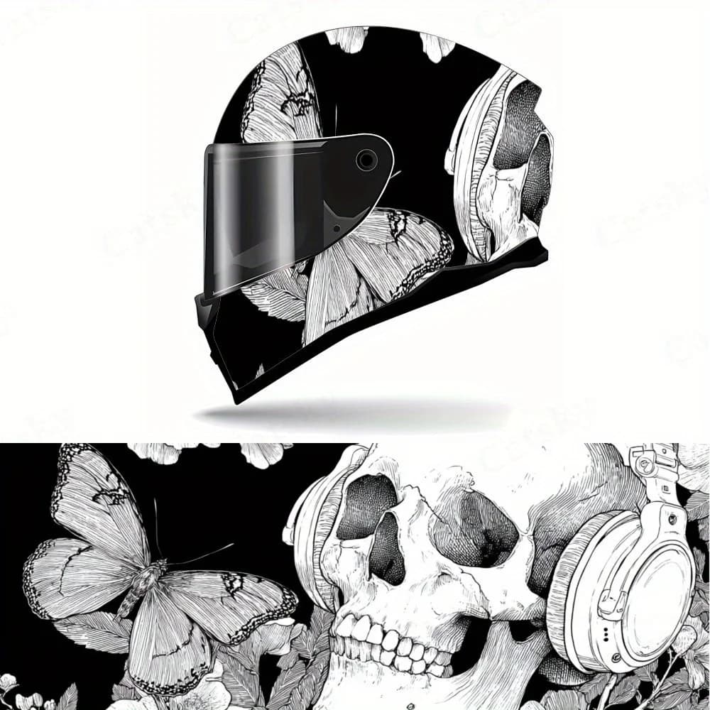 Teschio con cuffia e farfalla in PVC impermeabile resistente, decalcomania autoadesiva per casco da corsa per moto, regalo perfetto per moto