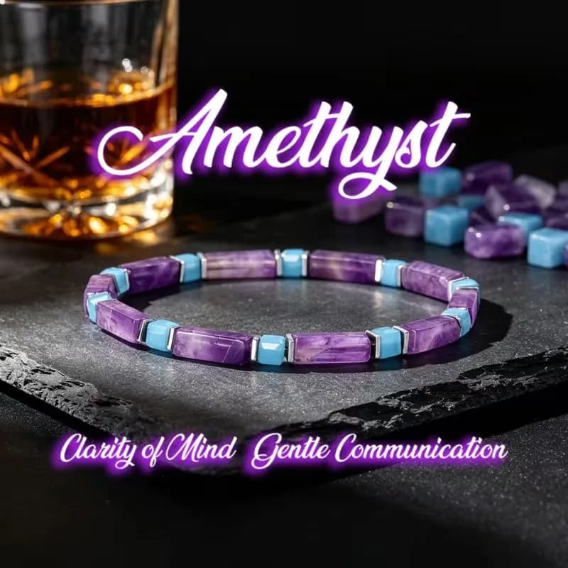 Natural Amethyst And Blue Chalcedony Rectangle Bead Stretch Bracelet for Women Boho Stackable Fashion Jewelry Gift