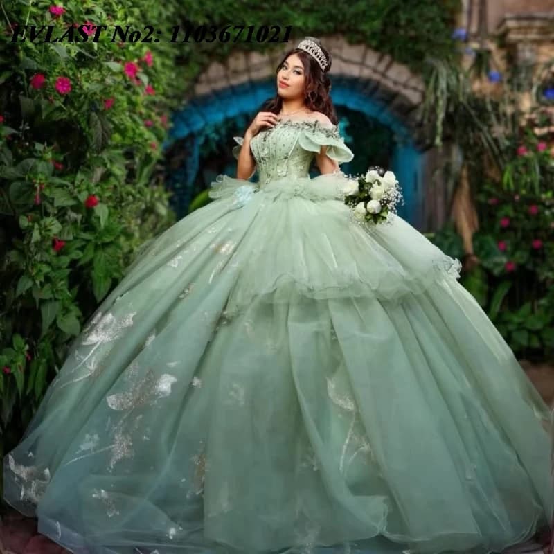 EVLAST Personalizzato 2026 Sage Abito Quinceanera Off Spalla Applique Corsetto di Perline di Cristallo Dolce 16 Abiti Da 15 Anos E2QA25