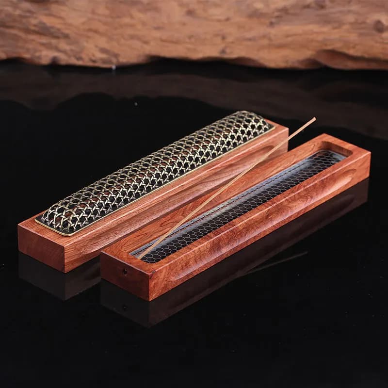 Bruciatore di incenso orizzontale in palissandro e rattan dorato, scatola per incenso in legno per interni, per legni preziosi come Agarwood e Sandalwood