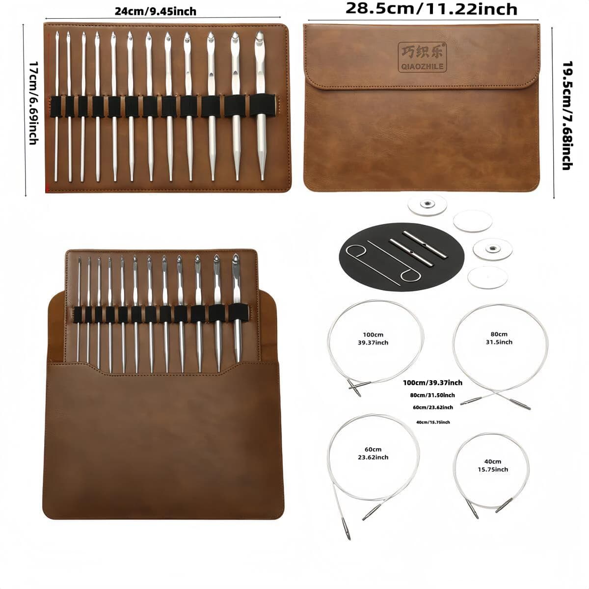 1 set di 25 pezzi di strumenti per maglieria, uncinetti in argento con ossido di alluminio, testa intercambiabile afghana, gancio rimovibile che cambia corda