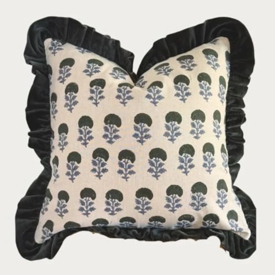 100% Cotton Linen Cushion Cover - Aira Decorative Throw Pillow Case with Dark Green and Blue with Ruffle - Modern Traditional L