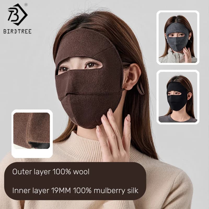Birdtree, maschera per il viso in lana di pecora al 100% per donna, resistente al freddo, scudo termico addensato in seta per adulti per esterno, nuovo inverno 2025 A5N530JF