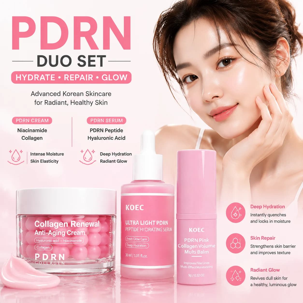 PDRN Pink Collagen Volume Multi Balm Pink Peptide Facial Serum Firming Repair Hydrating Face Essence 99% Purity PDRN & Low Mole