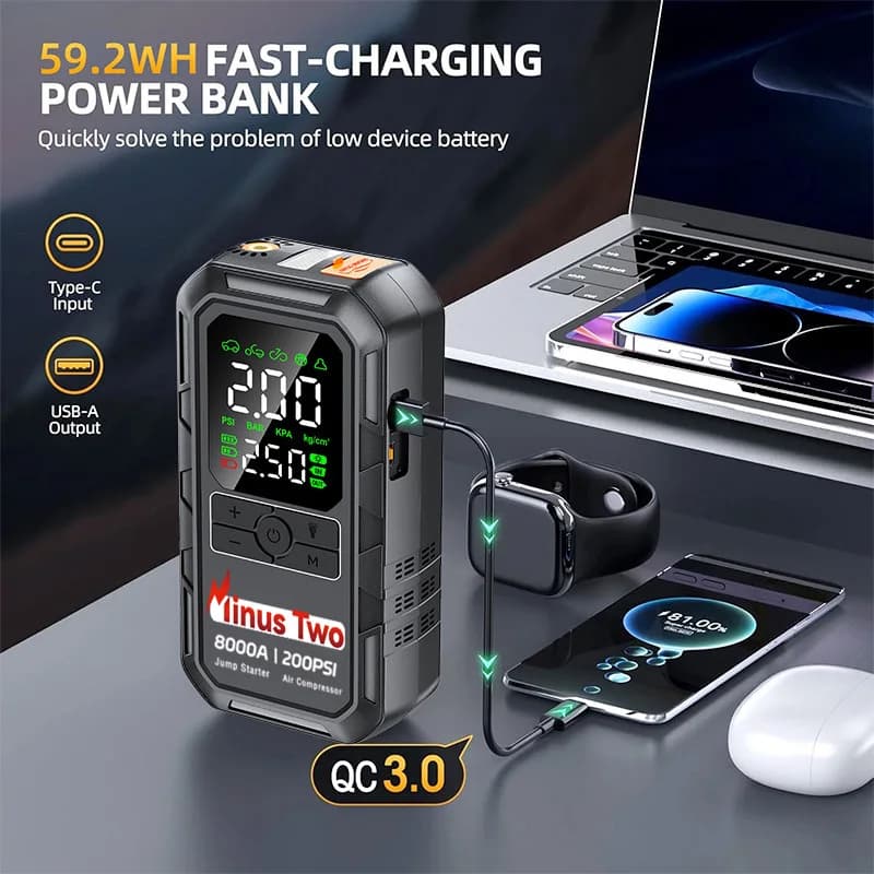 Avviatore d'Emergenza per Auto 8000A con Compressore d'Aria, Gonfiatore Pneumatici 200PSI, Power Bank 99800mAh, Ricarica Rapida USB-C, Borsa EVA per Auto 12V