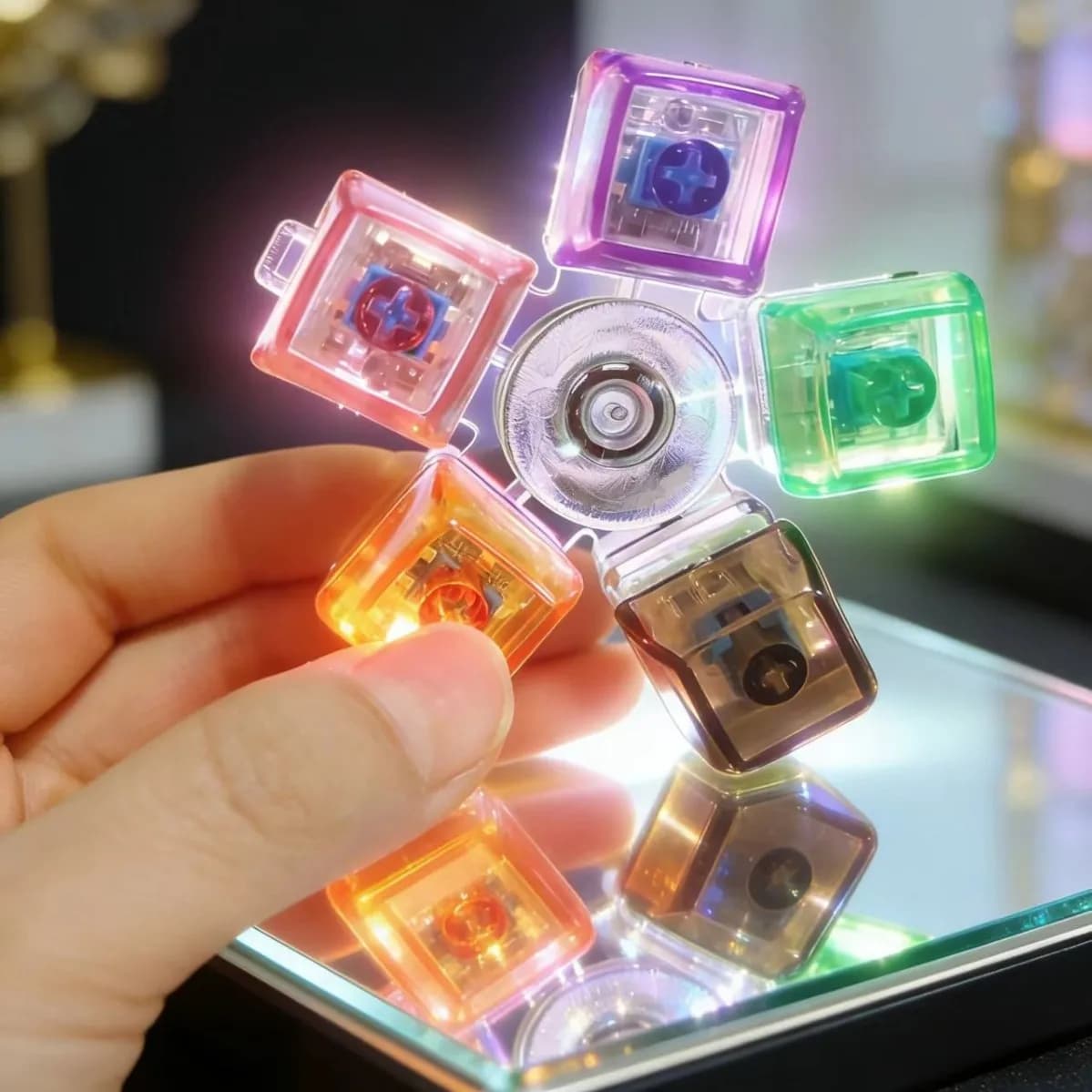 Fidget Spinner Tastiera Girevole: Clicker Meccanico con Luce LED, Portachiavi con Tasti in Cristallo, Antistress Sensoriale ASMR