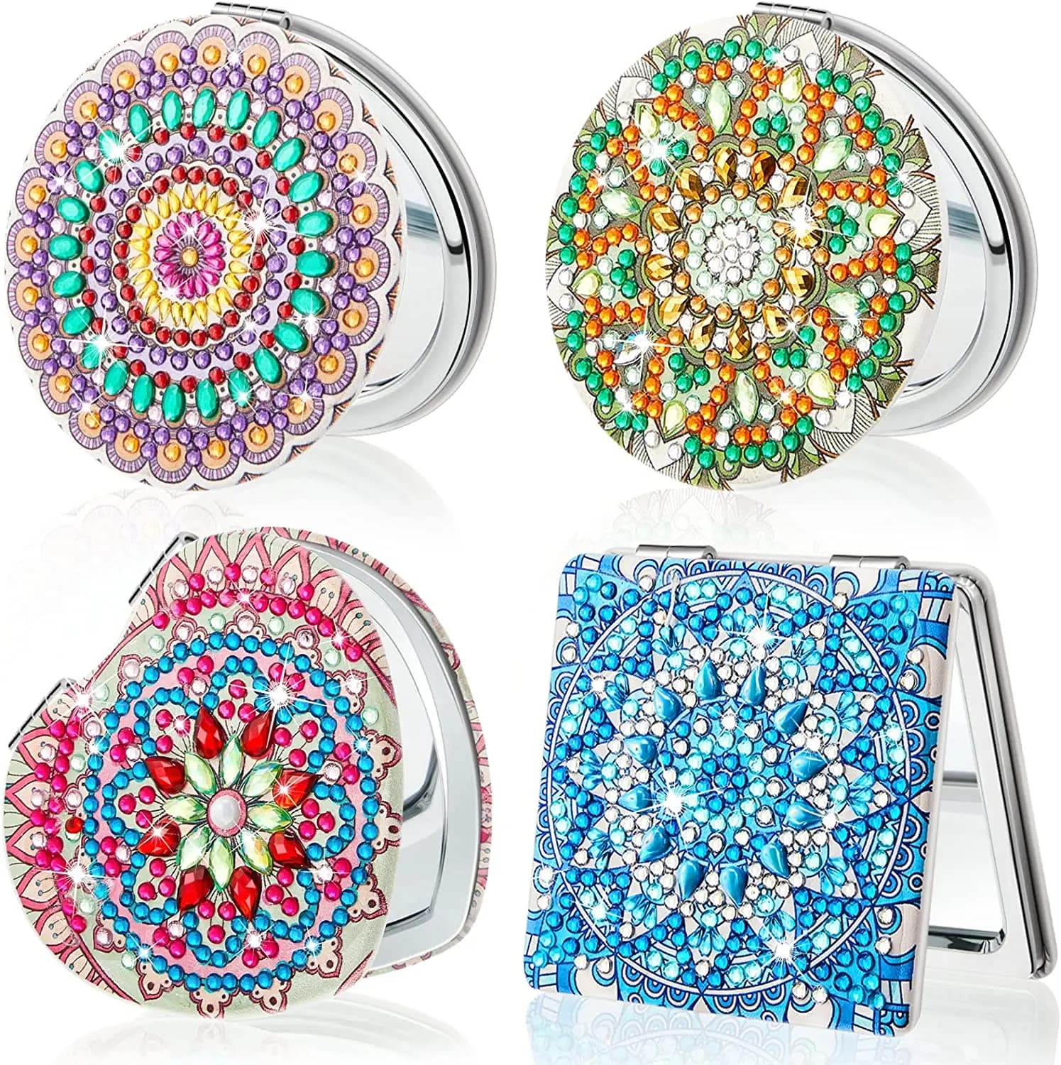 4PCS-Diamond Painting Makeup Mirror Specchio portatile pieghevole a doppia faccia con motivo Mandala, specchio tascabile portatile per donne e ragazze