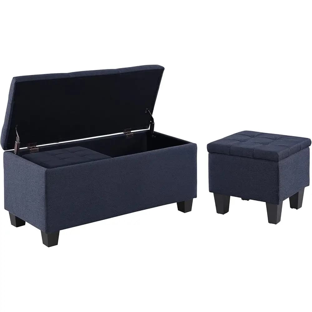 Triple Hinged Storage Ottoman Set, 38 Bench with Storage and Cushioned Seat, Bedroom Window Bench with 2 Small Ottomans (Blue Fa