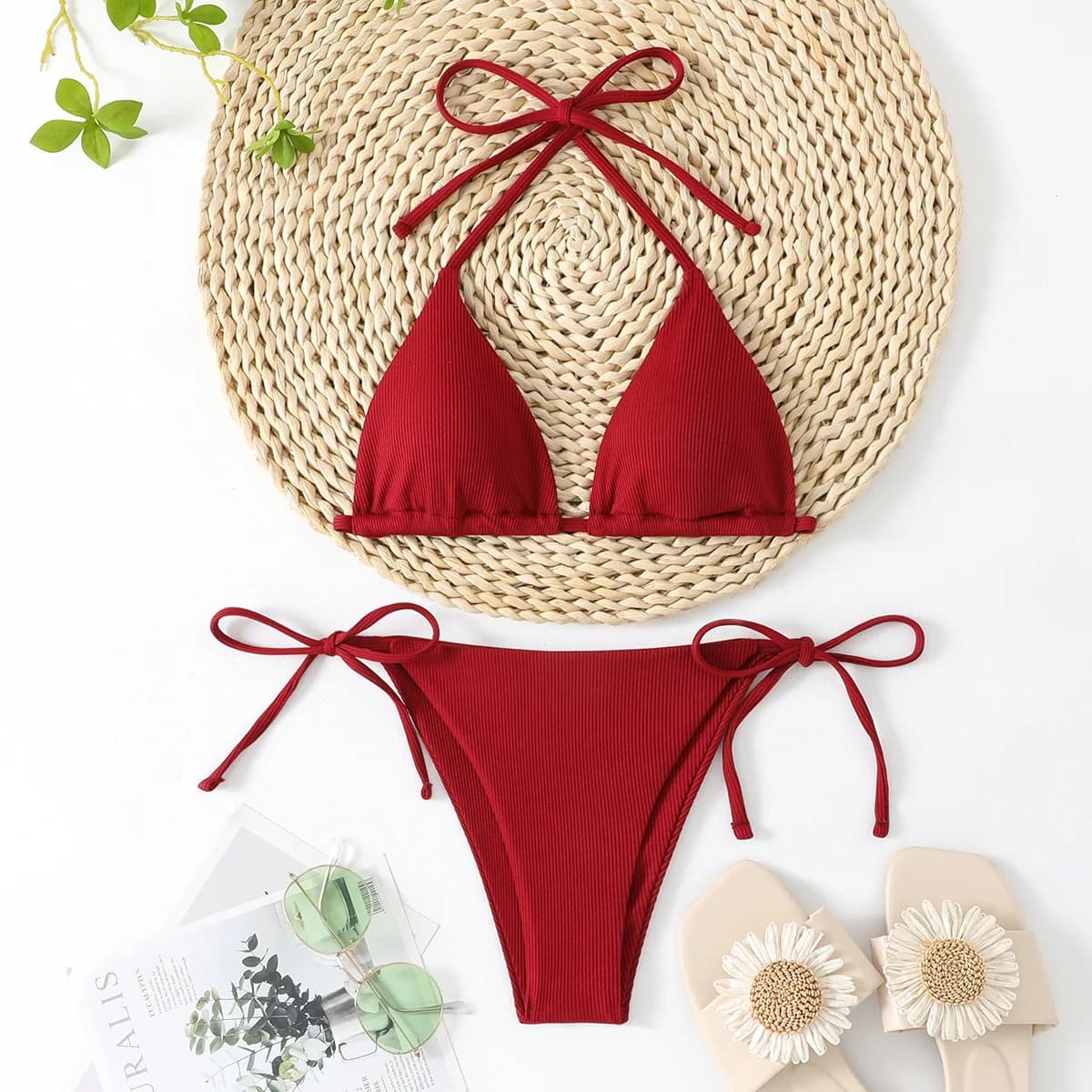 Sexy Red String Bikini 2025 Costume da bagno donna Costumi da bagno a due pezzi Perizoma a costine Bikini Set Costumi da bagno Donna Biquini brasiliano